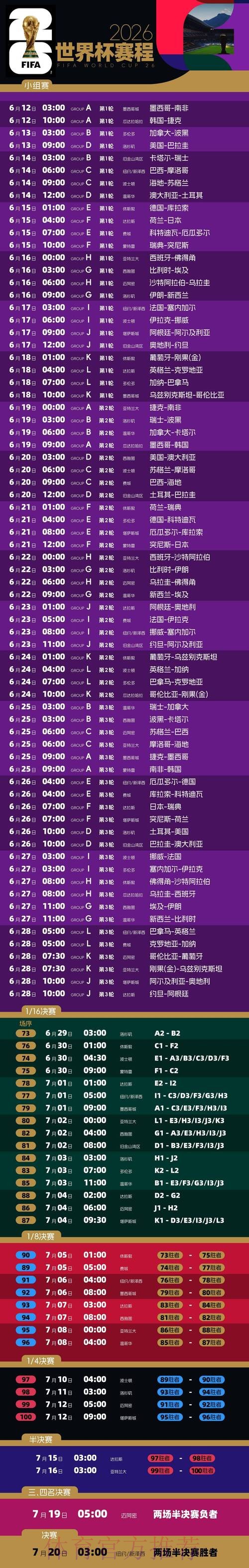 2026世界杯比赛时间今日完整安排免费观看