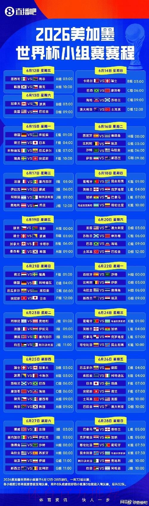 2026世界杯小组赛赛程一览完整安排实时查看